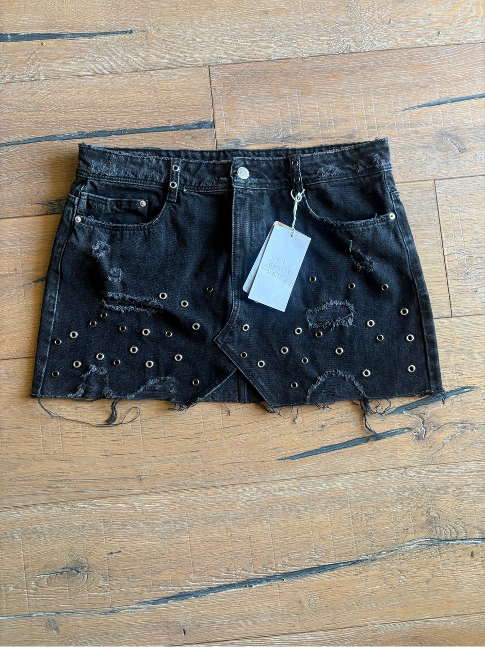 Zara Black Distressed Denim Mini Skirt with Eyelet Accents